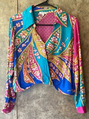 Haute Hippie Blouse Women Pink Hawaiian Floral Faux Wrap Crop Long Sleeve XS